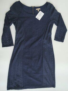 Anthropologie Bordeaux Blue Dress Size M - 3/4 Lace Sleeve & Accents NWT